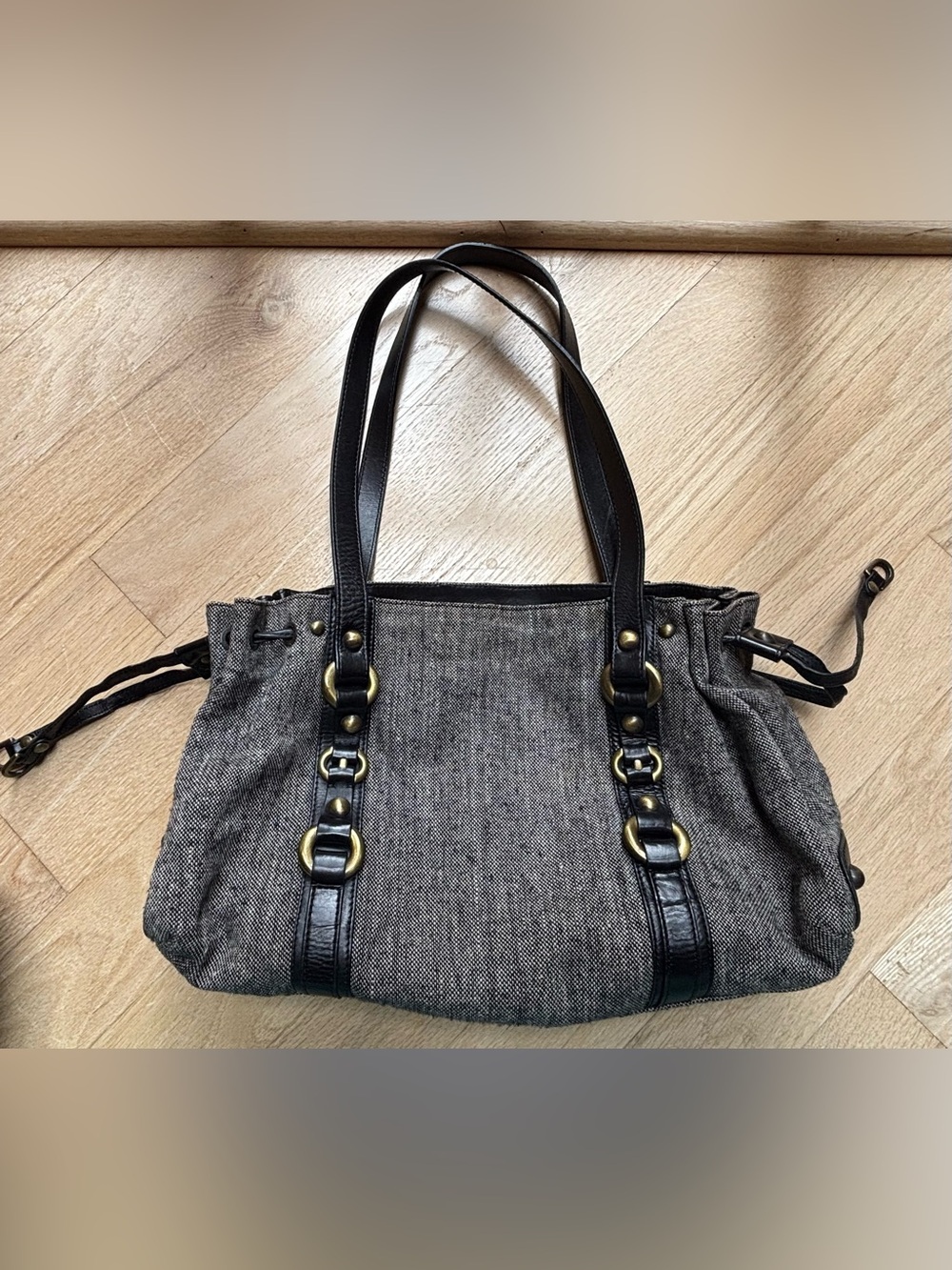 Vintage Stuart Weitzman Canvas & Leather Tote Bag – Black & Brown with Brass Har